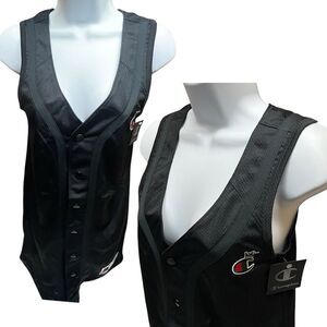 Champion Jersey Dress Womens XS Black Snap Button Crown Baseball Sporty Blackout